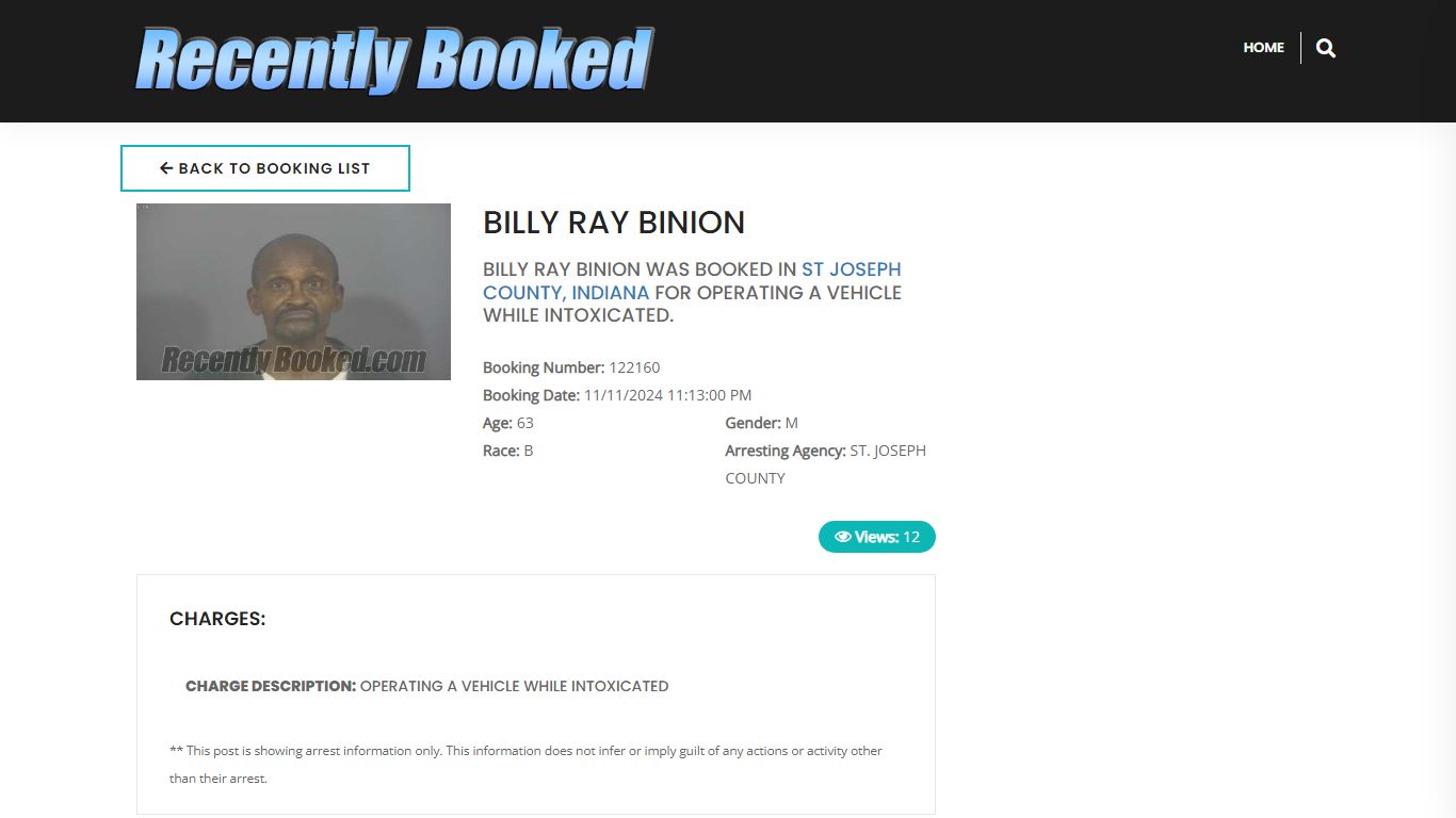 Recent Booking / Mugshot for BILLY RAY BINION in St Joseph County, Indiana